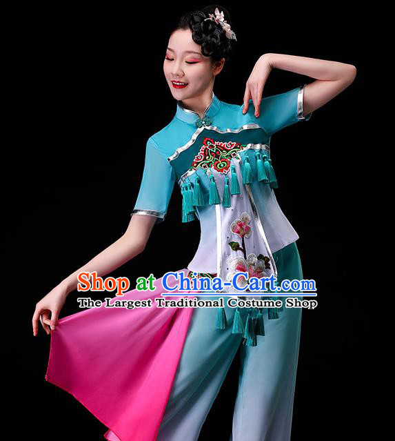 Chinese Traditional Fan Dance Garment Costumes Yangko Square Performance Clothing Yangge Dance Apparels Folk Dance Blue Uniforms