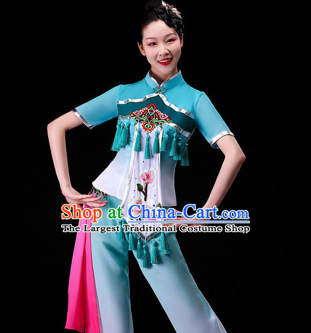 Chinese Traditional Fan Dance Garment Costumes Yangko Square Performance Clothing Yangge Dance Apparels Folk Dance Blue Uniforms