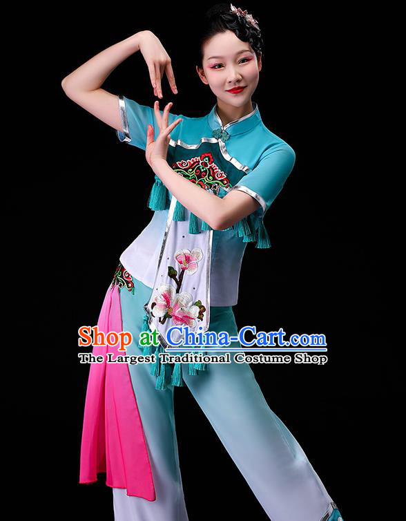 Chinese Traditional Fan Dance Garment Costumes Yangko Square Performance Clothing Yangge Dance Apparels Folk Dance Blue Uniforms