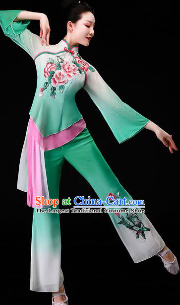 Chinese Folk Dance Green Chiffon Uniforms Traditional Fan Dance Garment Costumes Yangko Square Performance Clothing Yangge Dance Apparels