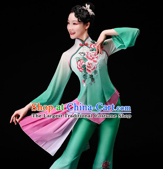 Chinese Folk Dance Green Chiffon Uniforms Traditional Fan Dance Garment Costumes Yangko Square Performance Clothing Yangge Dance Apparels