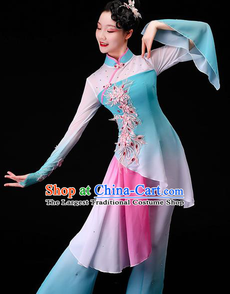 China Classical Dance Blue Dress Women Group Dance Garment Costumes Umbrella Dance Clothing Stage Performance Fashion