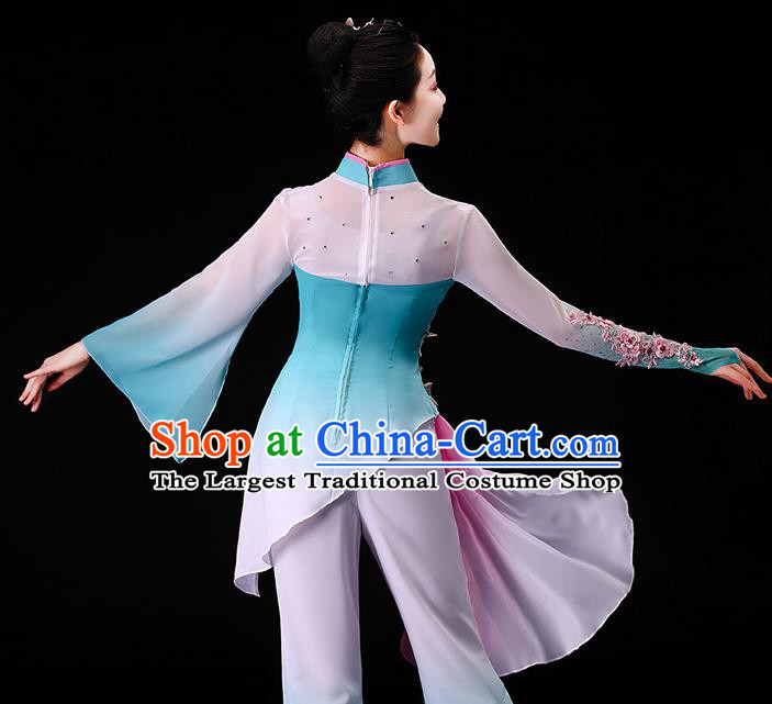 China Classical Dance Blue Dress Women Group Dance Garment Costumes Umbrella Dance Clothing Stage Performance Fashion