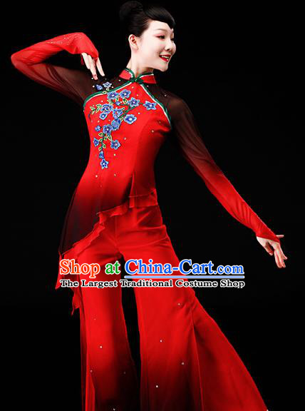 Chinese Yangge Dance Apparels Folk Dance Red Chiffon Uniforms Traditional Fan Dance Garment Costumes Yangko Square Performance Clothing