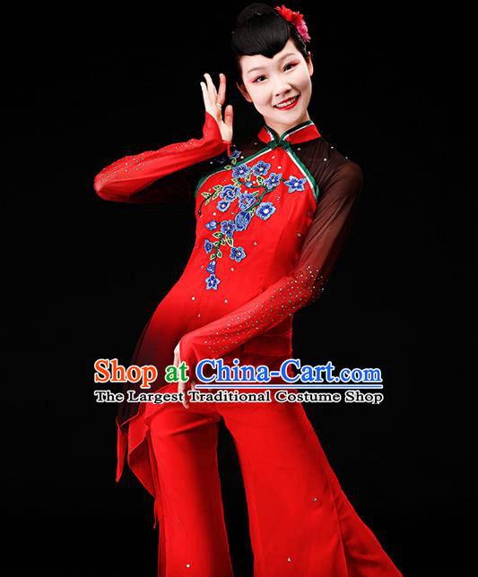 Chinese Yangge Dance Apparels Folk Dance Red Chiffon Uniforms Traditional Fan Dance Garment Costumes Yangko Square Performance Clothing