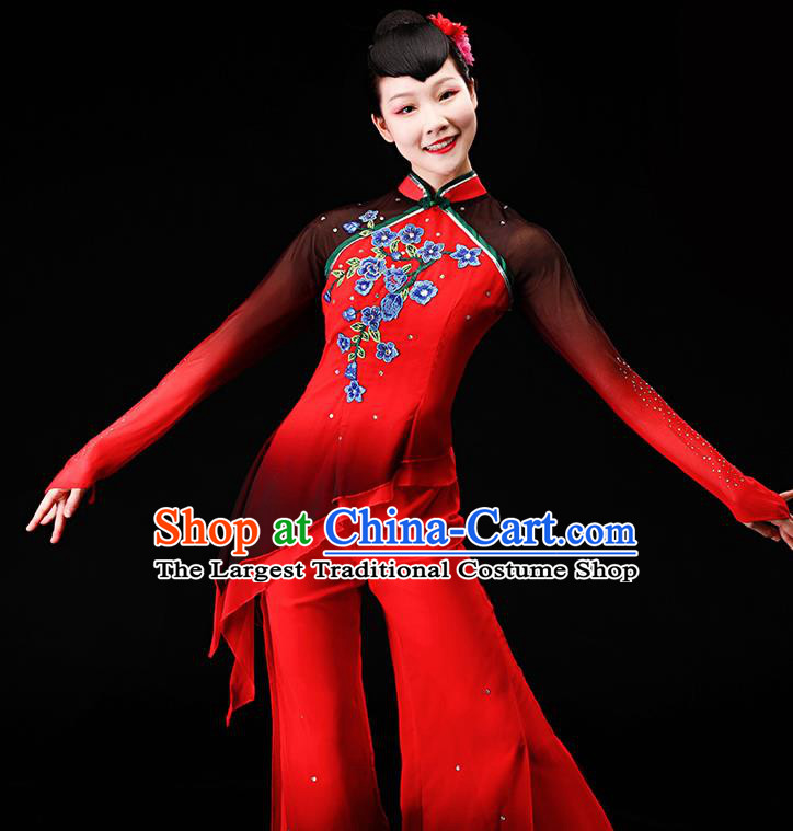 Chinese Yangge Dance Apparels Folk Dance Red Chiffon Uniforms Traditional Fan Dance Garment Costumes Yangko Square Performance Clothing