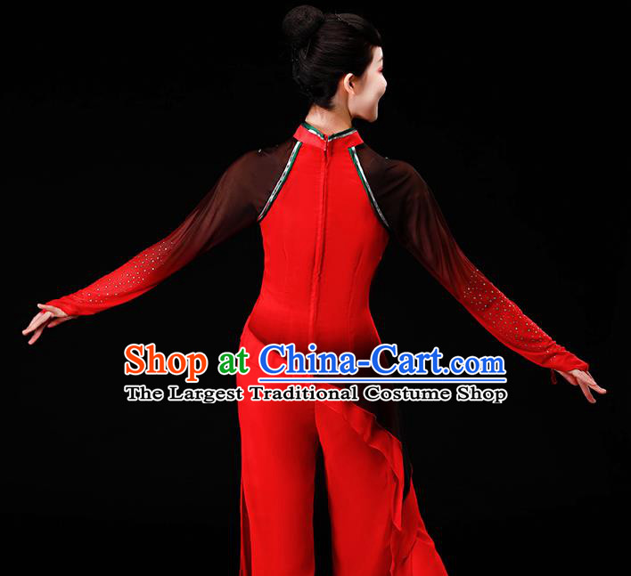 Chinese Yangge Dance Apparels Folk Dance Red Chiffon Uniforms Traditional Fan Dance Garment Costumes Yangko Square Performance Clothing