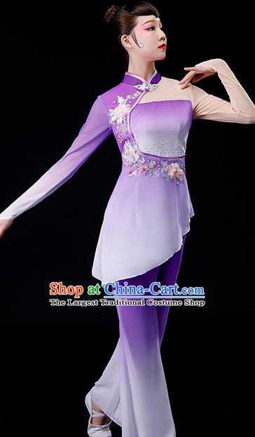 Chinese Traditional Fan Dance Garment Costumes Yangko Dance Clothing Women Square Performance Apparels Folk Dance Purple Chiffon Uniforms