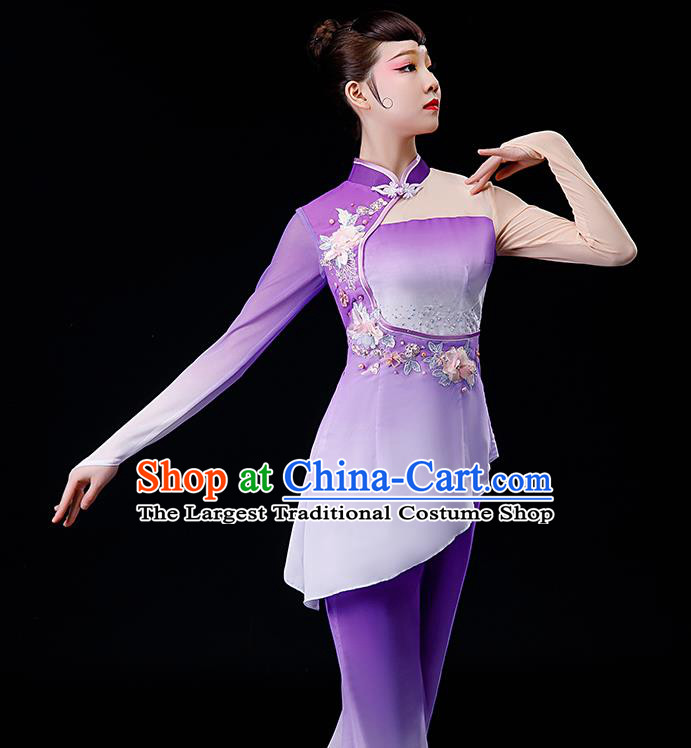 Chinese Traditional Fan Dance Garment Costumes Yangko Dance Clothing Women Square Performance Apparels Folk Dance Purple Chiffon Uniforms