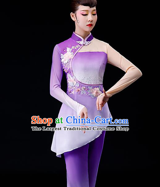 Chinese Traditional Fan Dance Garment Costumes Yangko Dance Clothing Women Square Performance Apparels Folk Dance Purple Chiffon Uniforms