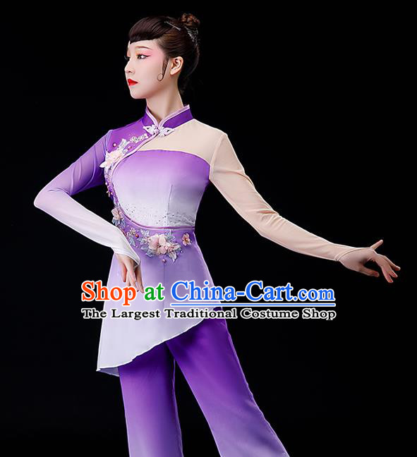 Chinese Traditional Fan Dance Garment Costumes Yangko Dance Clothing Women Square Performance Apparels Folk Dance Purple Chiffon Uniforms