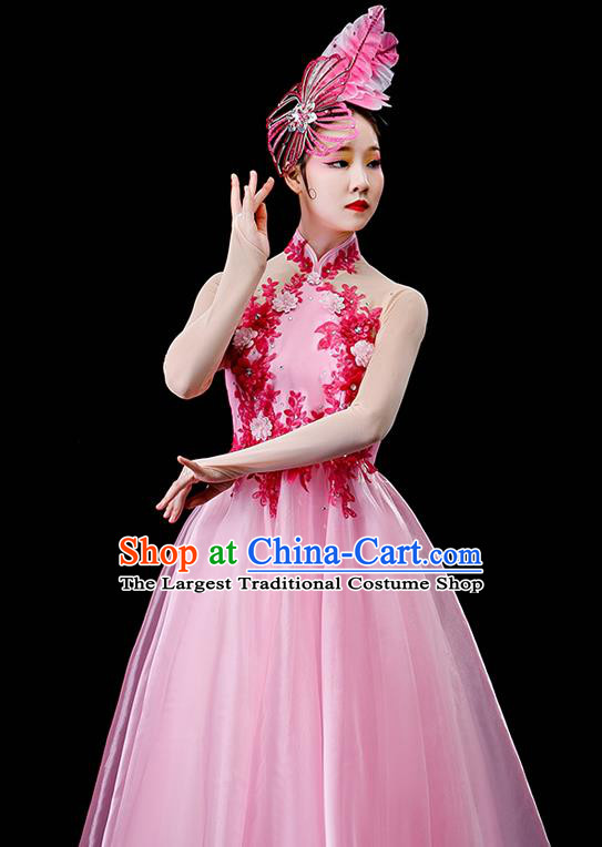Professional Modern Dance Pink Veil Dress Opening Dance Garment Women Group Dance Fashion Chorus Performance Costume