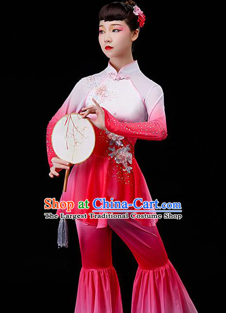 China Classical Dance Pink Dress Drum Dance Garment Costumes Fan Dance Clothing Stage Performance Fashion Uniforms