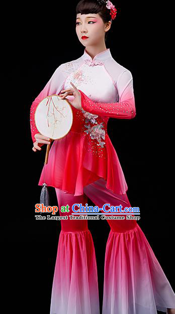 China Classical Dance Pink Dress Drum Dance Garment Costumes Fan Dance Clothing Stage Performance Fashion Uniforms