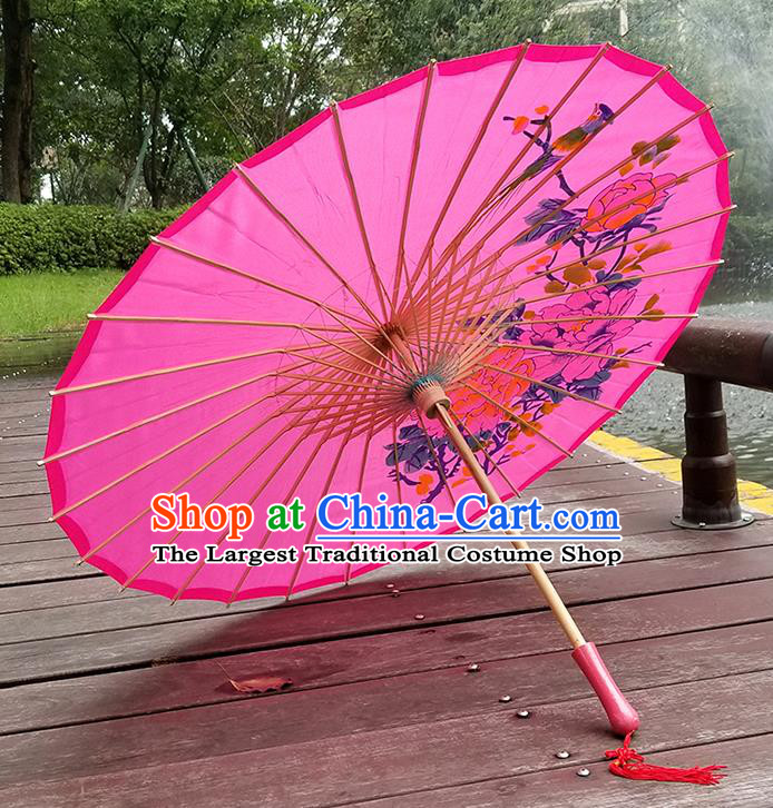 Chinese Traditional Hanfu Bumbershoot Dance Prop Hand Painting Peony Umbrella Classical Umbrellas Pink Silk Umbrella