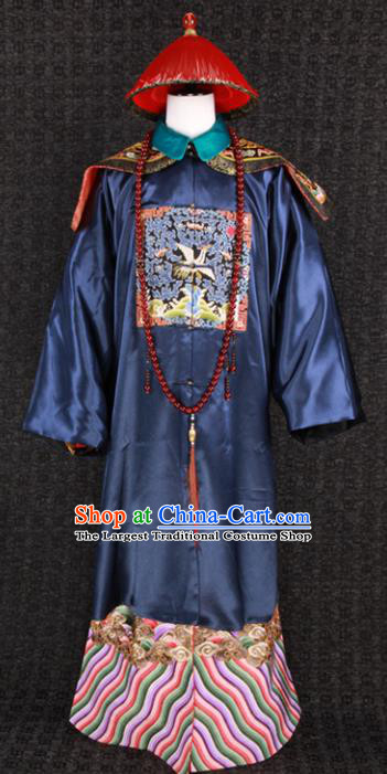 China Traditional Drama Officer Clothing Qing Dynasty Official Navy Robe Uniforms Ancient Minister Garment Costumes and Hat
