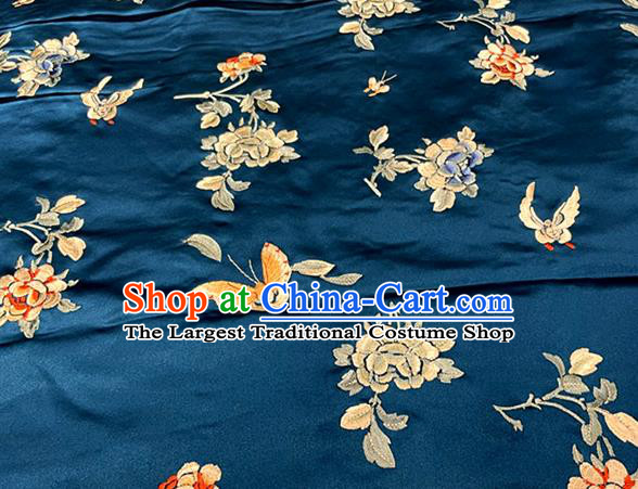 Chinese Traditional Peacock Blue Satin Tang Suit Silk Drapery Classical Butterfly Flowers Pattern Fabric Qipao Dress Cloth Material