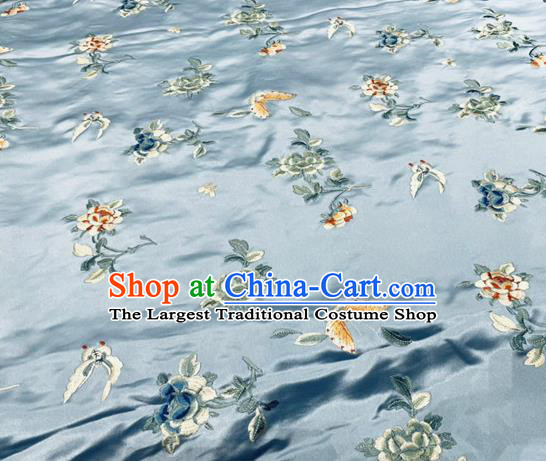 Chinese Traditional Cheongsam Cloth Material Satin Fabric Tang Suit Drapery Classical Butterfly Flowers Pattern Light Blue Silk