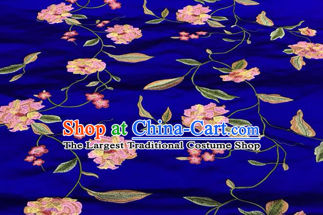 China Tang Suit Silk Fabric Traditional Cheongsam Embroidered Drapery Royal Peony Pattern Royalblue Brocade Material Classical Qipao Dress Damask Cloth