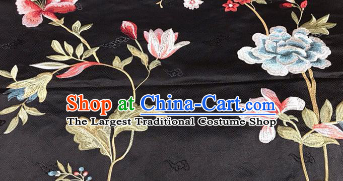 China Qipao Dress Satin Cloth Embroidered Damask Fabric Traditional Tang Suit Silk Drapery Classical Cheongsam Black Brocade Material