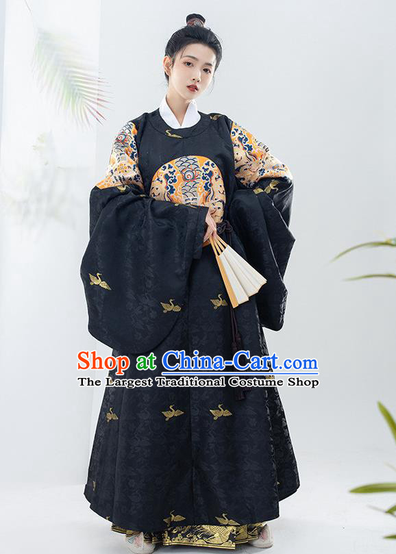 China Traditional Embroidered Black Brocade Round Collar Robe Ancient Royal Prince Garment Costumes Ming Dynasty Official Clothing