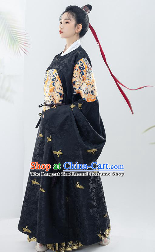 China Traditional Embroidered Black Brocade Round Collar Robe Ancient Royal Prince Garment Costumes Ming Dynasty Official Clothing