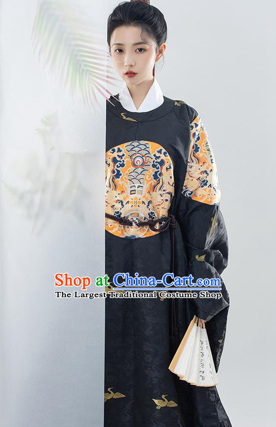 China Traditional Embroidered Black Brocade Round Collar Robe Ancient Royal Prince Garment Costumes Ming Dynasty Official Clothing