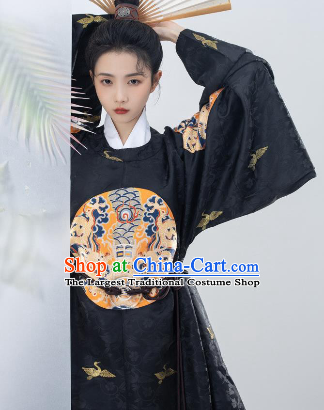 China Traditional Embroidered Black Brocade Round Collar Robe Ancient Royal Prince Garment Costumes Ming Dynasty Official Clothing