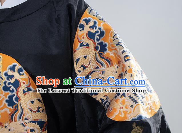 China Traditional Embroidered Black Brocade Round Collar Robe Ancient Royal Prince Garment Costumes Ming Dynasty Official Clothing