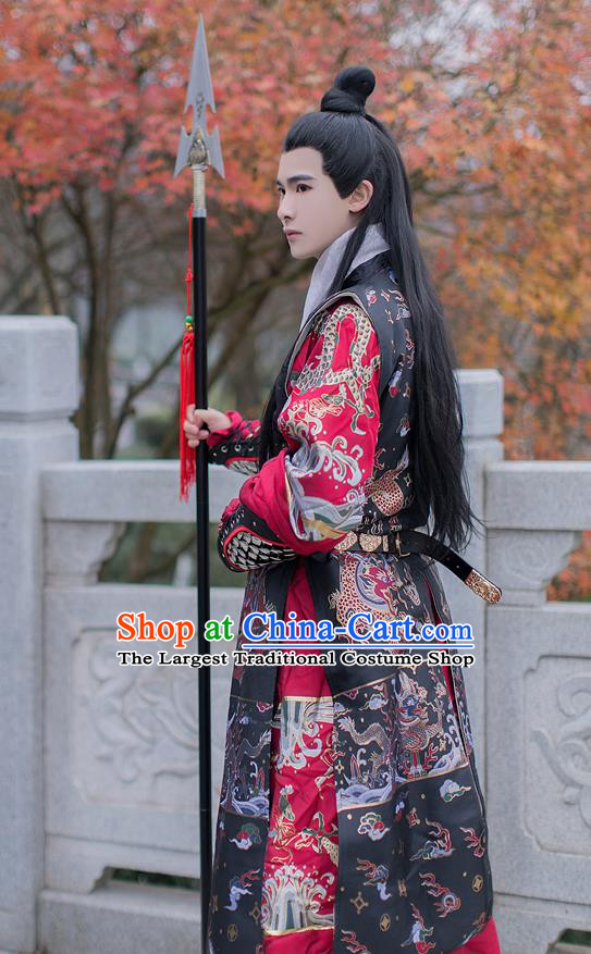 China Ming Dynasty Imperial Guard Flying Fish Clothing Traditional Black Brocade Long Vest Ancient Swordsman Garment Costume