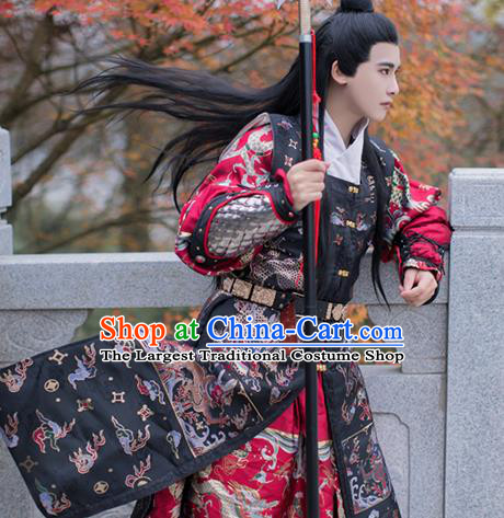 China Ming Dynasty Imperial Guard Flying Fish Clothing Traditional Black Brocade Long Vest Ancient Swordsman Garment Costume