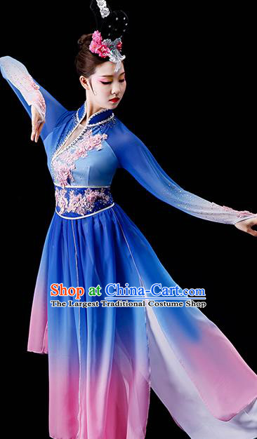 China Umbrella Dance Garment Costumes Women Group Dance Clothing Stage Performance Fashion Uniforms Classical Dance Blue Chiffon Dress