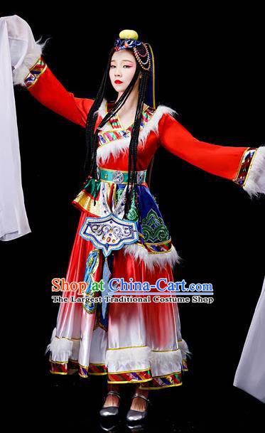 Chinese Zang Minority Folk Dance Garment Costumes Ethnic Festival Performance Red Dress Outfits Tibetan Nationality Water Sleeve Clothing