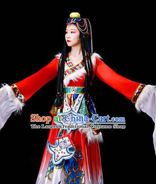 Chinese Zang Minority Folk Dance Garment Costumes Ethnic Festival Performance Red Dress Outfits Tibetan Nationality Water Sleeve Clothing