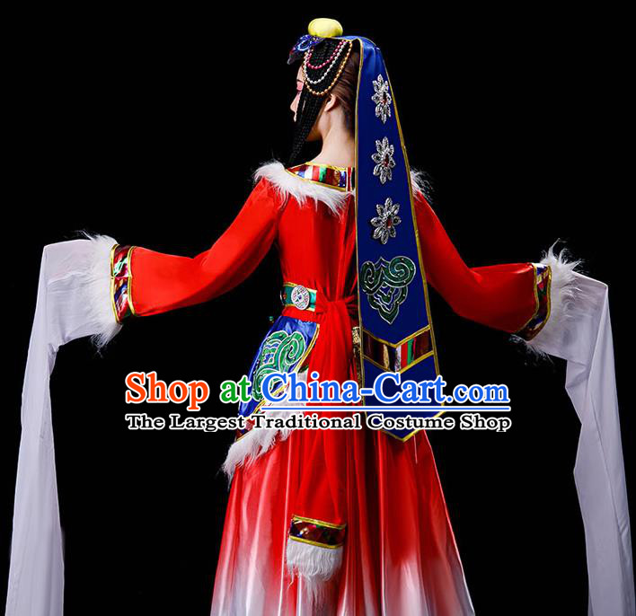 Chinese Zang Minority Folk Dance Garment Costumes Ethnic Festival Performance Red Dress Outfits Tibetan Nationality Water Sleeve Clothing