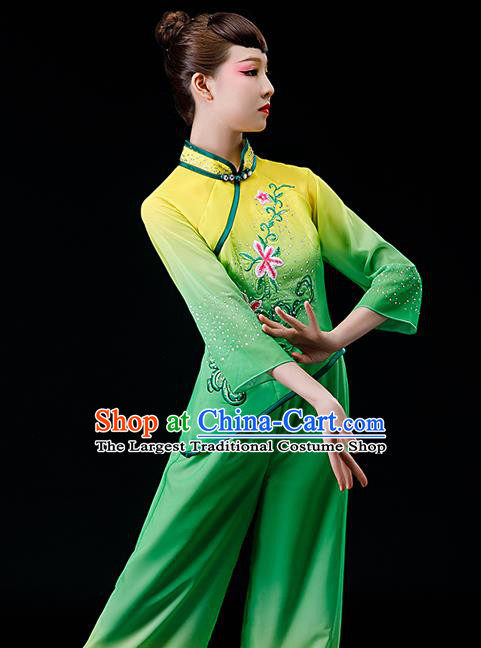 Chinese Traditional Fan Dance Garment Costumes Yangko Dance Clothing Country Women Square Performance Apparels Folk Dance Green Uniforms