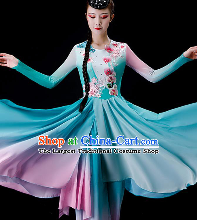 China Fairy Dance Chiffon Clothing Stage Performance Fashion Uniforms Classical Dance Green Dress Umbrella Dance Garment Costumes