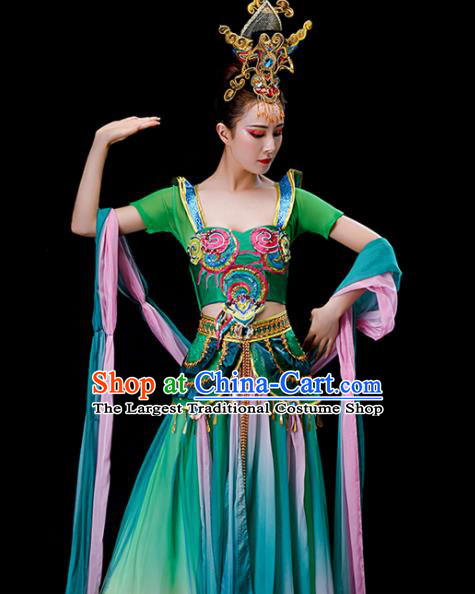 China Dunhuang Flying Fairy Dance Garment Costumes Goddess Dance Clothing Stage Performance Fashion Uniforms Classical Dance Green Dress