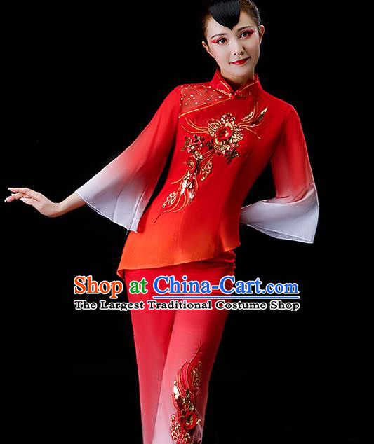 Chinese Traditional Drum Dance Garment Costumes New Year Yangko Dance Clothing Fan Dance Square Performance Apparels Folk Dance Red Chiffon Uniforms
