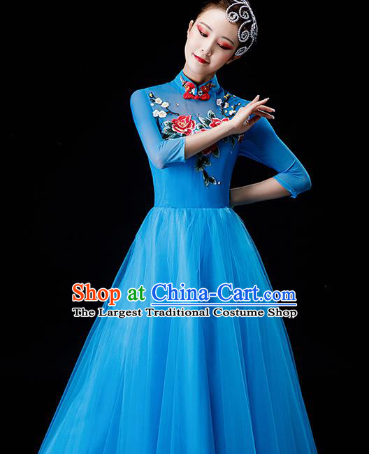 Professional Chorus Performance Costume Modern Dance Blue Veil Dress Opening Dance Garment Women Group Dance Fashion