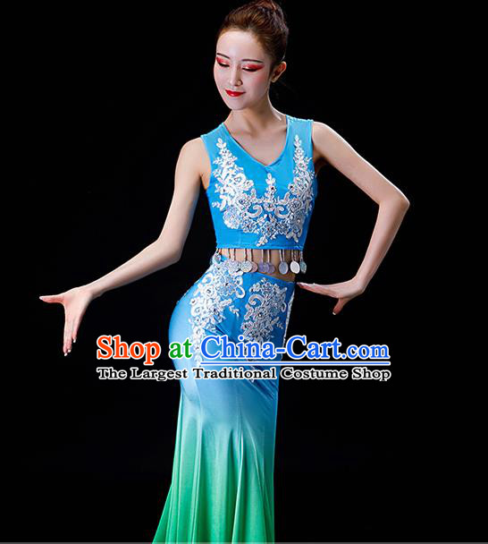 Chinese Dai Nationality Female Clothing Yunnan Minority Folk Dance Garment Costumes Ethnic Festival Peacock Dance Blue Dress Outfits