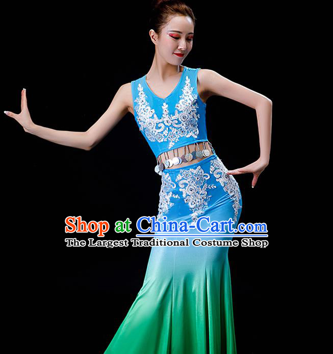 Chinese Dai Nationality Female Clothing Yunnan Minority Folk Dance Garment Costumes Ethnic Festival Peacock Dance Blue Dress Outfits
