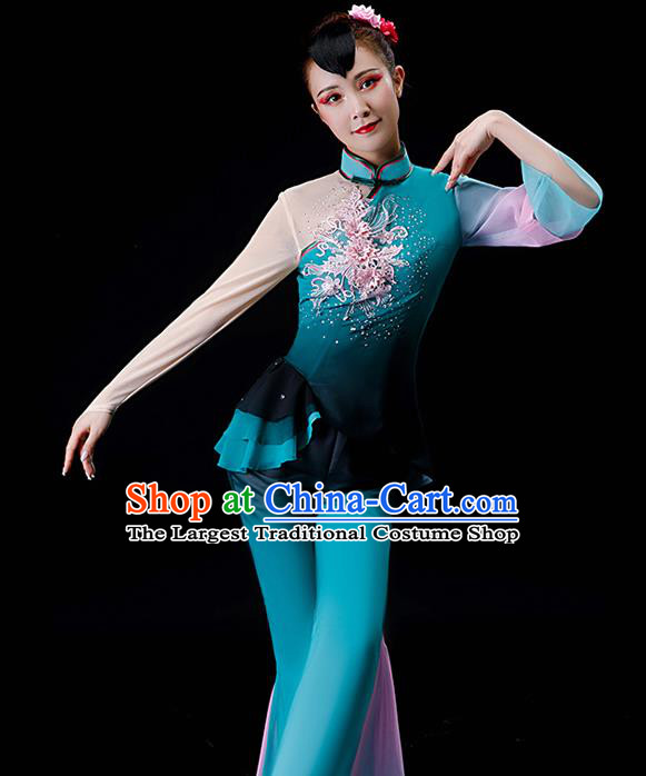 Chinese Fan Dance Apparels Folk Dance Blue Chiffon Uniforms Traditional Women Square Performance Garment Costumes Yangko Dance Clothing