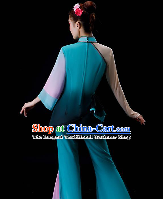 Chinese Fan Dance Apparels Folk Dance Blue Chiffon Uniforms Traditional Women Square Performance Garment Costumes Yangko Dance Clothing