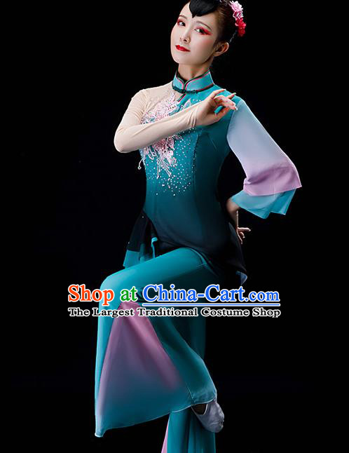 Chinese Fan Dance Apparels Folk Dance Blue Chiffon Uniforms Traditional Women Square Performance Garment Costumes Yangko Dance Clothing