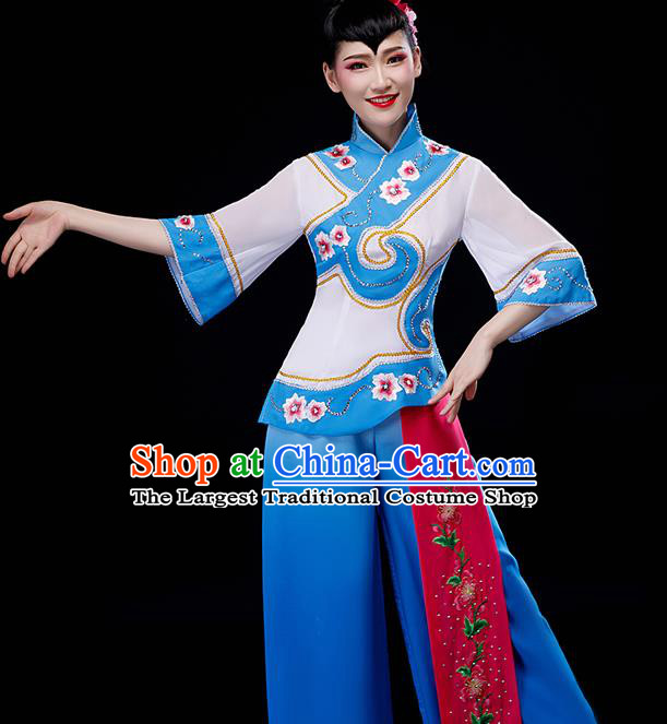 Chinese Yangko Dance Clothing Fan Dance Apparels Folk Dance Blue Uniforms Traditional Women Square Performance Garment Costumes