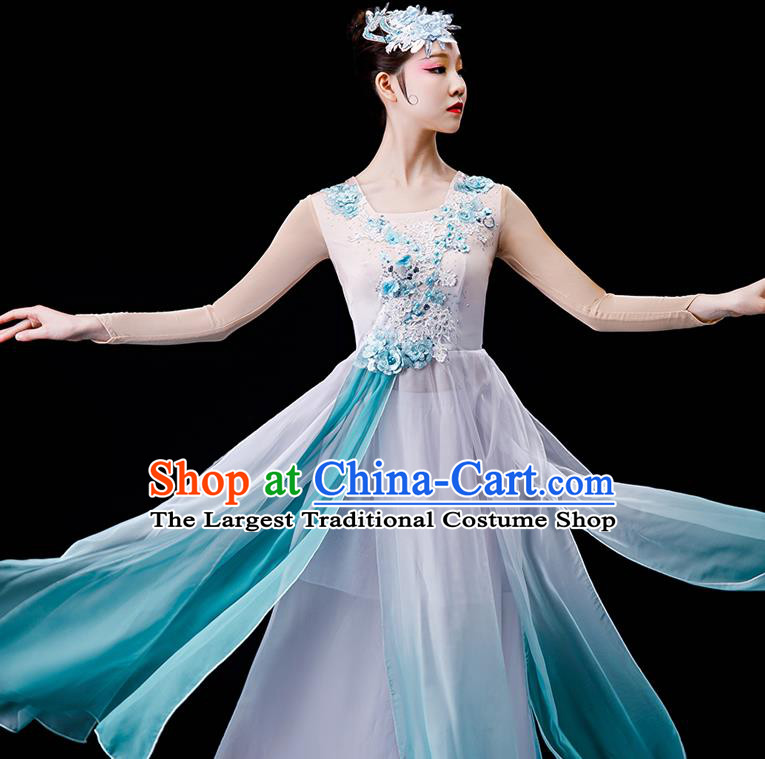 China Stage Performance Fashion Uniforms Classical Dance Light Green Chiffon Dress Umbrella Dance Garment Costumes Women Group Dance Clothing