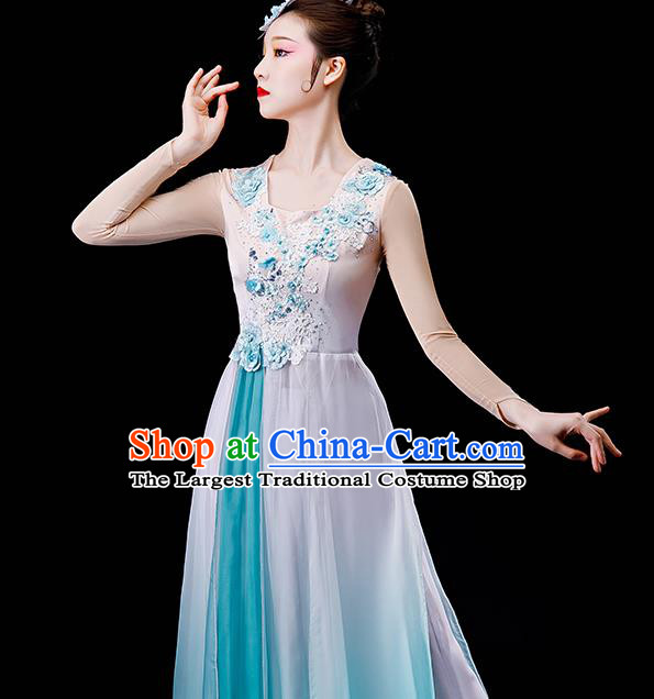 China Stage Performance Fashion Uniforms Classical Dance Light Green Chiffon Dress Umbrella Dance Garment Costumes Women Group Dance Clothing