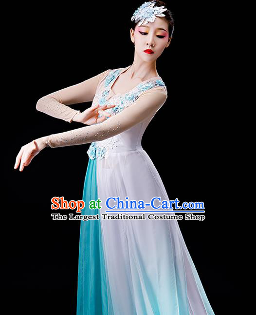 China Stage Performance Fashion Uniforms Classical Dance Light Green Chiffon Dress Umbrella Dance Garment Costumes Women Group Dance Clothing
