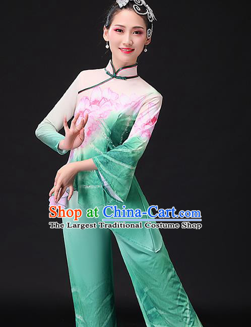 Chinese Traditional Women Square Dance Garment Costumes Yangko Performance Clothing Lotus Dance Apparels Folk Dance Green Uniforms